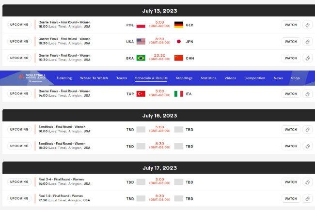 女排世联赛总决赛详细赛程发布 中国巴西争进4强