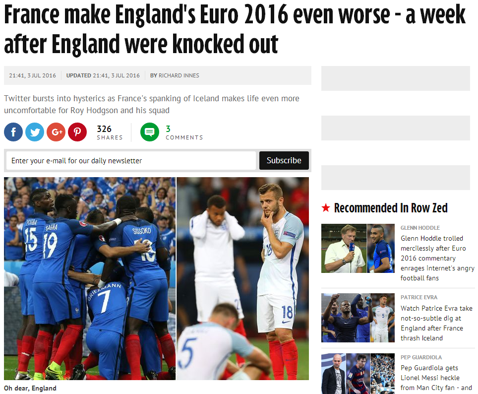《每日镜报》还列举了英格兰在本届欧洲杯前几场的表现